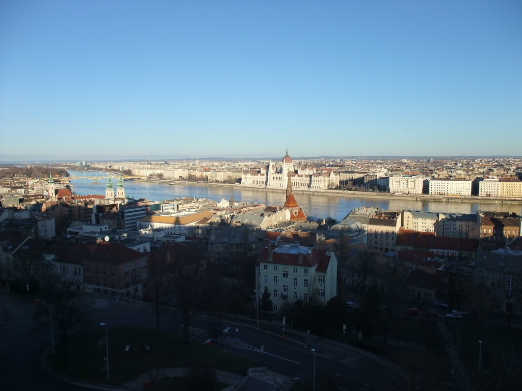 The Hungarian Parliament Building, Margaret Island, the Margaret Bridge over the Danube river, the Reformed Church of Szilágyi Dezso Tér and the Church of St. Anne, viewed from the Fisherman`s Bastion