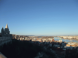 The Fisherman`s Bastion, Margaret Island, the Margaret Bridge over the Danube river and the Church of St. Anne