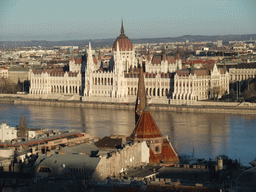 The Hungarian Parliament Building, the Danube river and the Reformed Church of Szilágyi Dezso Tér, viewed from the Fisherman`s Bastion