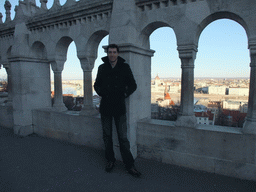 Tim at the Fisherman`s Bastion, with view on the Hungarian Parliament Building, the Reformed Church of Szilágyi Dezso Tér and the Danube river