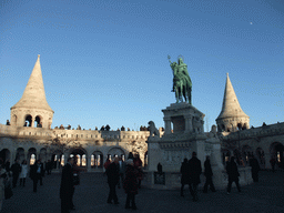 The Fisherman`s Bastion and a bronze statue of Stephen I of Hungary
