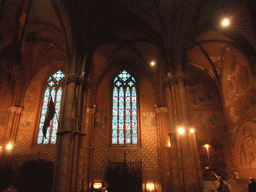 Nave, stained glass and frescoes in the Matthias Church