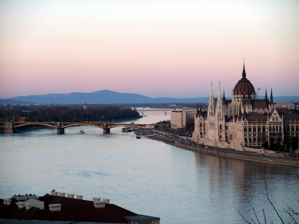 The Hungarian Parliament Building, Margaret Island and the Margaret Bridge over the Danube river, viewed from the front of Buda Castle