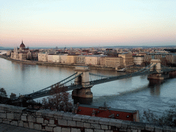 The Hungarian Parliament Building and the Széchenyi Chain Bridge over the Danube river, viewed from the front of Buda Castle