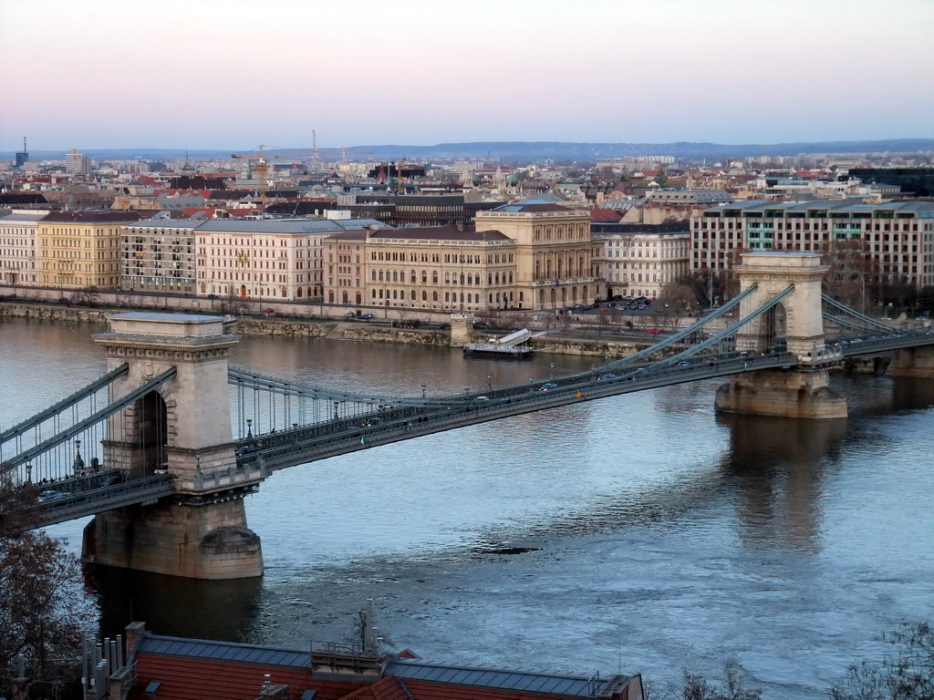 The Széchenyi Chain Bridge over the Danube river, viewed from the front of Buda Castle