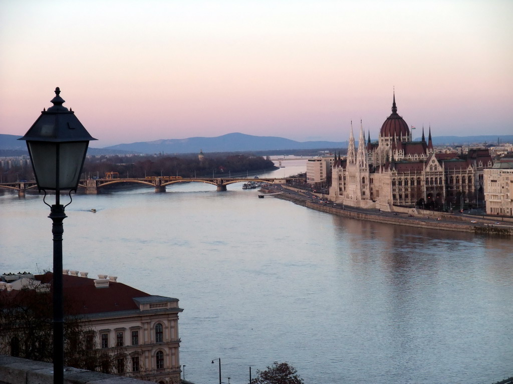 The Hungarian Parliament Building, Margaret Island and the Margaret Bridge over the Danube river, viewed from the front of Buda Castle