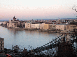 The Hungarian Parliament Building and the Széchenyi Chain Bridge over the Danube river, viewed from the front of Buda Castle