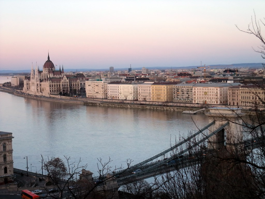 The Hungarian Parliament Building and the Széchenyi Chain Bridge over the Danube river, viewed from the front of Buda Castle