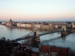 The Hungarian Parliament Building and the Széchenyi Chain Bridge over the Danube river, viewed from the front of Buda Castle