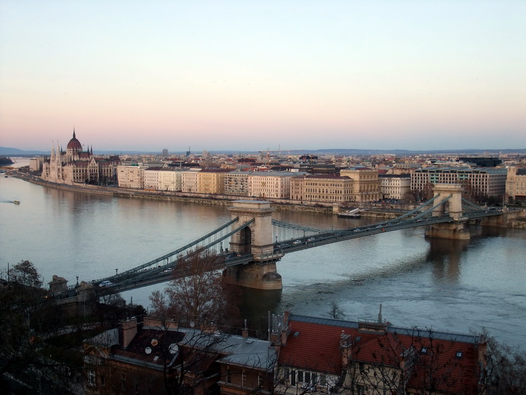 The Hungarian Parliament Building and the Széchenyi Chain Bridge over the Danube river, viewed from the front of Buda Castle