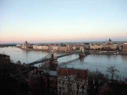 The Hungarian Parliament Building, Margaret Island, the Széchenyi Chain Bridge and Margaret Bridge over the Danube river, the Gresham Palace and Saint Stephen`s Basilica, viewed from the front of Buda Castle