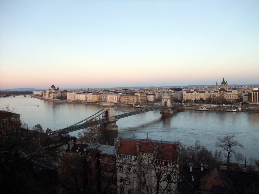 The Hungarian Parliament Building, Margaret Island, the Széchenyi Chain Bridge and Margaret Bridge over the Danube river, the Gresham Palace and Saint Stephen`s Basilica, viewed from the front of Buda Castle