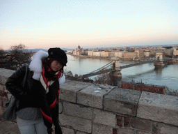 Miaomiao with the Hungarian Parliament Building and the Széchenyi Chain Bridge over the Danube river, viewed from the front of Buda Castle