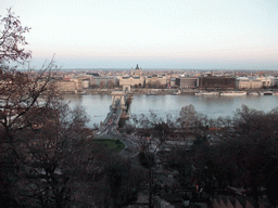 The Széchenyi Chain Bridge over the Danube river, the Gresham Palace and Saint Stephen`s Basilica, viewed from the top of the Budapest Castle Hill Funicular