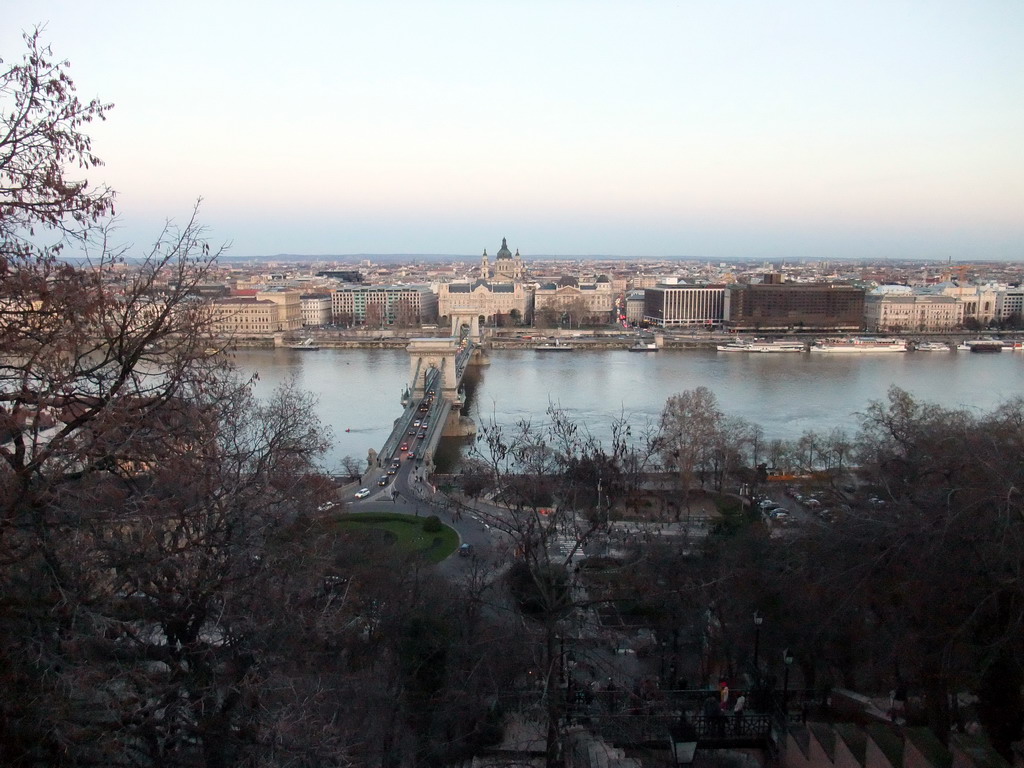 The Széchenyi Chain Bridge over the Danube river, the Gresham Palace and Saint Stephen`s Basilica, viewed from the top of the Budapest Castle Hill Funicular