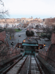 The Budapest Castle Hill Funicular with a view on the Széchenyi Chain Bridge over the Danube river, the Gresham Palace and Saint Stephen`s Basilica