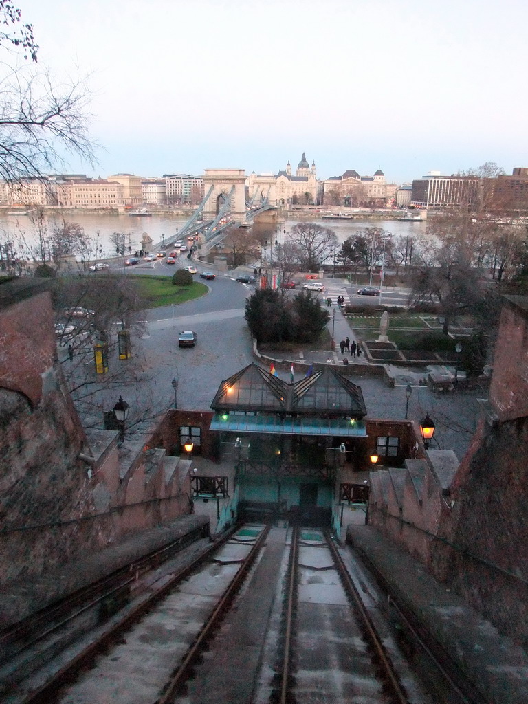 The Budapest Castle Hill Funicular with a view on the Széchenyi Chain Bridge over the Danube river, the Gresham Palace and Saint Stephen`s Basilica