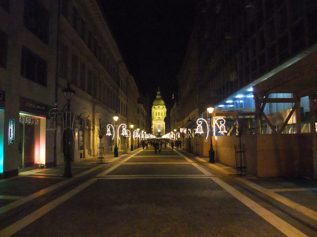 Zrinyi Utca street and Saint Stephen`s Basilica, by night