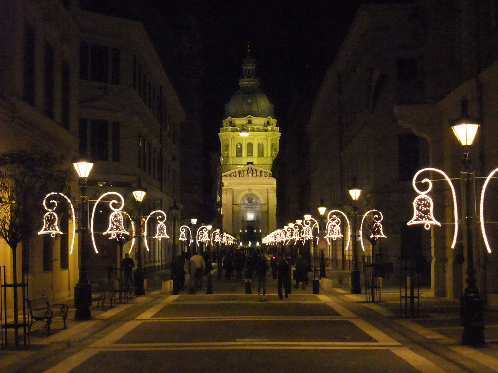 Zrinyi Utca street and Saint Stephen`s Basilica, by night