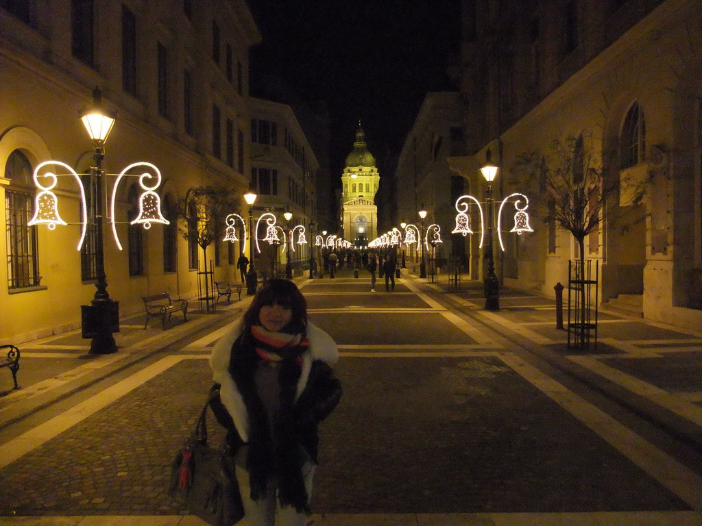 Miaomiao at the Zrinyi Utca street and Saint Stephen`s Basilica, by night