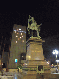 Statue of Baron József Eötvös in front of the Hotel Intercontinental Budapest at Roosevelt Tér square, by night