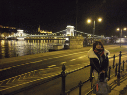Miaomiao at the Széchenyi Chain Bridge over the Danube river and the Matthias Church, by night