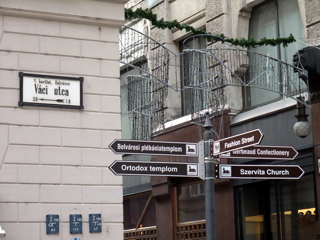 Street signs in Vaci Utca street