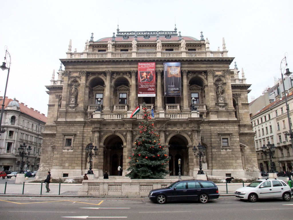 Front of the Hungarian State Opera House, with christmas tree