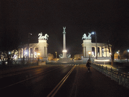 Miaomiao at Heroes` Square (Hosök Tere) with the Millennium Monument, by night