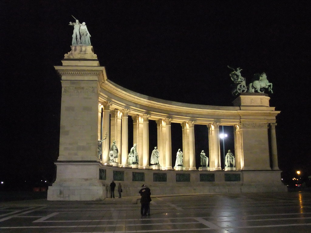 Right side of the Millennium Monument at Heroes` Square, by night