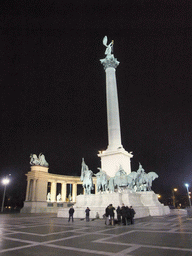 Pillar and right side of the Millennium Monument at Heroes` Square, by night
