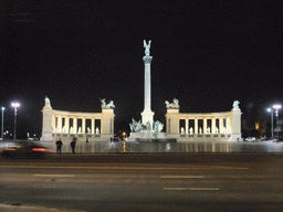 Heroes` Square with the Millennium Monument, viewed from Andrássy Avenue, by night