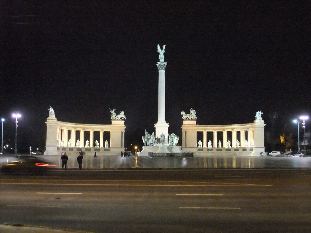 Heroes` Square with the Millennium Monument, viewed from Andrássy Avenue, by night