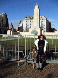 Miaomiao at the Soviet Monument at Szabadság Tér square, with the Hungarian Parliament Building