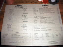 Menu card in the restaurant `Sir Lancelot`