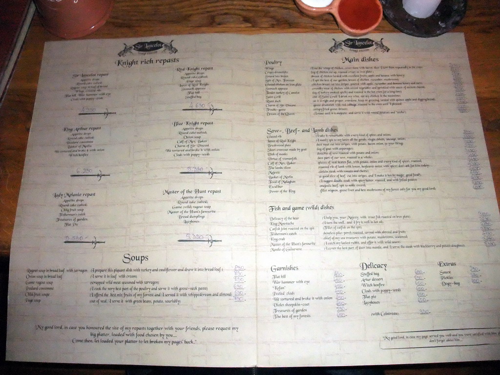 Menu card in the restaurant `Sir Lancelot`