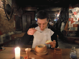Tim with soup in the restaurant `Sir Lancelot`