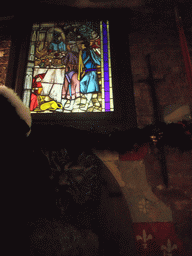 Stained glass and sword in the restaurant `Sir Lancelot`
