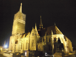 The Matthias Church, the Plague Monument and a bronze statue of Stephen I of Hungary, by night
