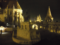 The Matthias Church, the Fisherman`s Bastion and a bronze statue of Stephen I of Hungary, by night