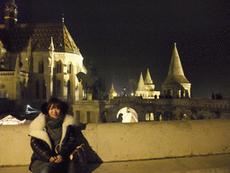 Miaomiao with the Matthias Church, the Fisherman`s Bastion and a bronze statue of Stephen I of Hungary, by night