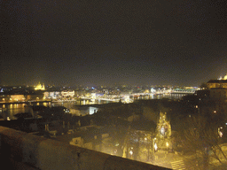 The Széchenyi Chain Bridge and the Elisabeth Bridge over the Danube river, the Gresham Palace and Saint Stephen`s Basilica, viewed from the Fisherman`s Bastion, by night