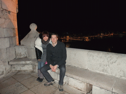 Tim and Miaomiao at the Fisherman`s Bastion, with view on the Széchenyi Chain Bridge over the Danube river, by night