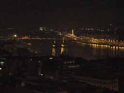 The Church of St. Anne, Margaret Island and the Margaret Bridge over the Danube river, viewed from the Fisherman`s Bastion, by night