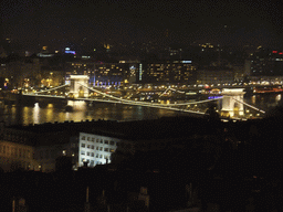 The Széchenyi Chain Bridge over the Danube river, viewed from the Fisherman`s Bastion, by night