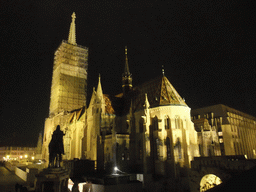 The Matthias Church and a bronze statue of Stephen I of Hungary, by night