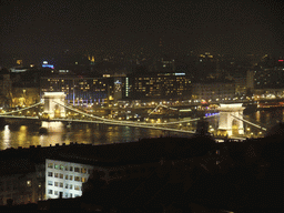 The Széchenyi Chain Bridge over the Danube river, viewed from the Fisherman`s Bastion, by night