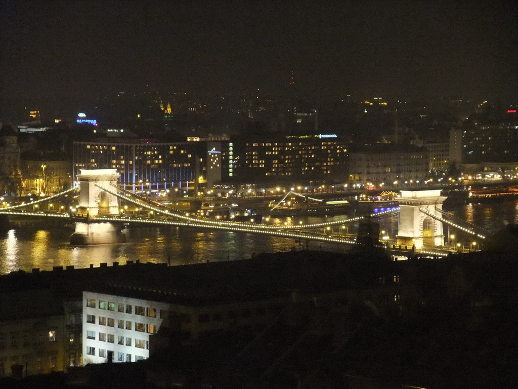 The Széchenyi Chain Bridge over the Danube river, viewed from the Fisherman`s Bastion, by night