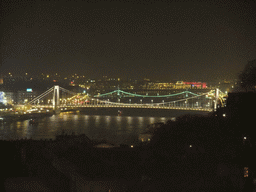 The Elisabeth Bridge and the Liberty Bridge over the Danube river, viewed from the Fisherman`s Bastion, by night