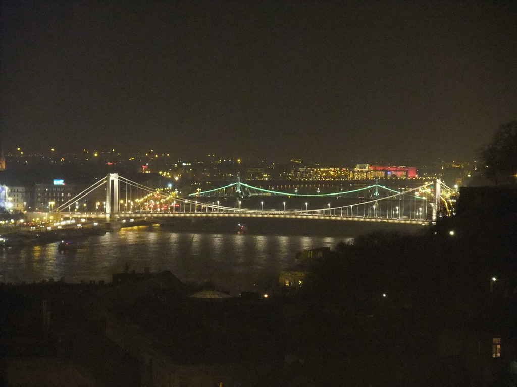 The Elisabeth Bridge and the Liberty Bridge over the Danube river, viewed from the Fisherman`s Bastion, by night